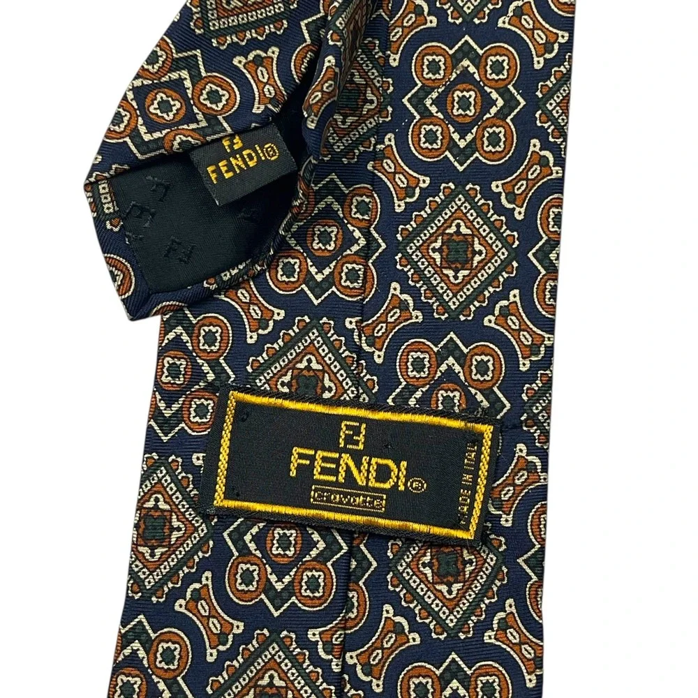 FENDI Cravatte Mens Silk Tie Navy Blue Orange Geometric Medallion Made in Italy‎